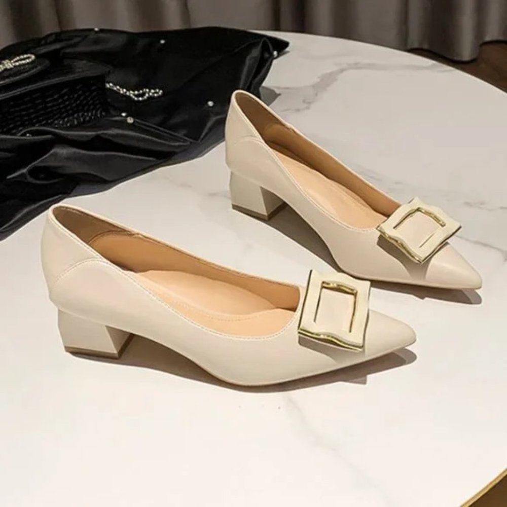 Fang buckle thick heels feminine tip of Fan Jianzhong